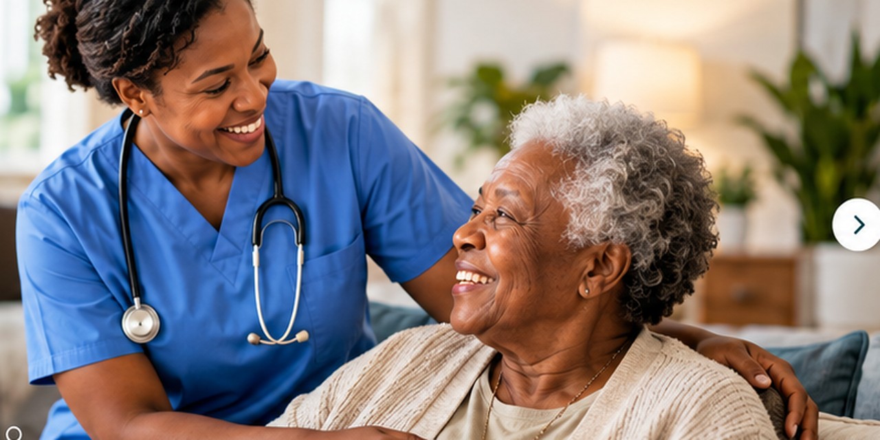 Illustrative photograph of a nurse supporting an older adult at home